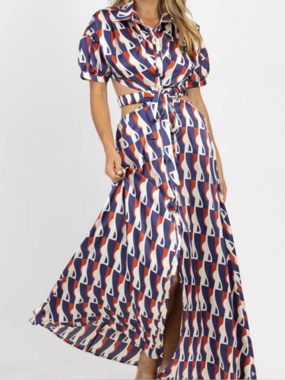 MULLA Parisian Pocket Maxi Dress Blue Geometric Print Tie-Front Size Large